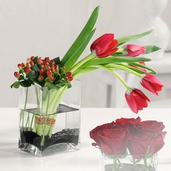Tulips and Hypericum in Glass Cube from Roses and More Florist in Dallas, TX